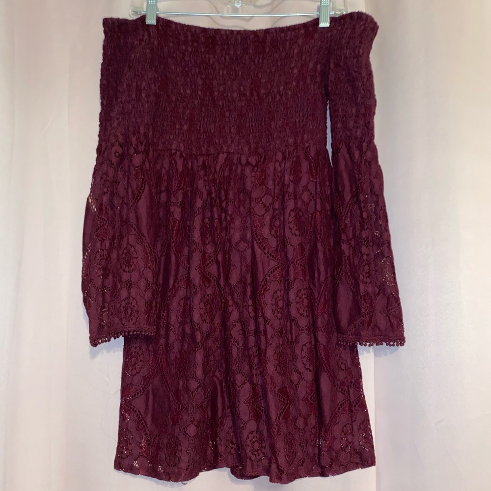 Off- the- shoulder maroon flare dress